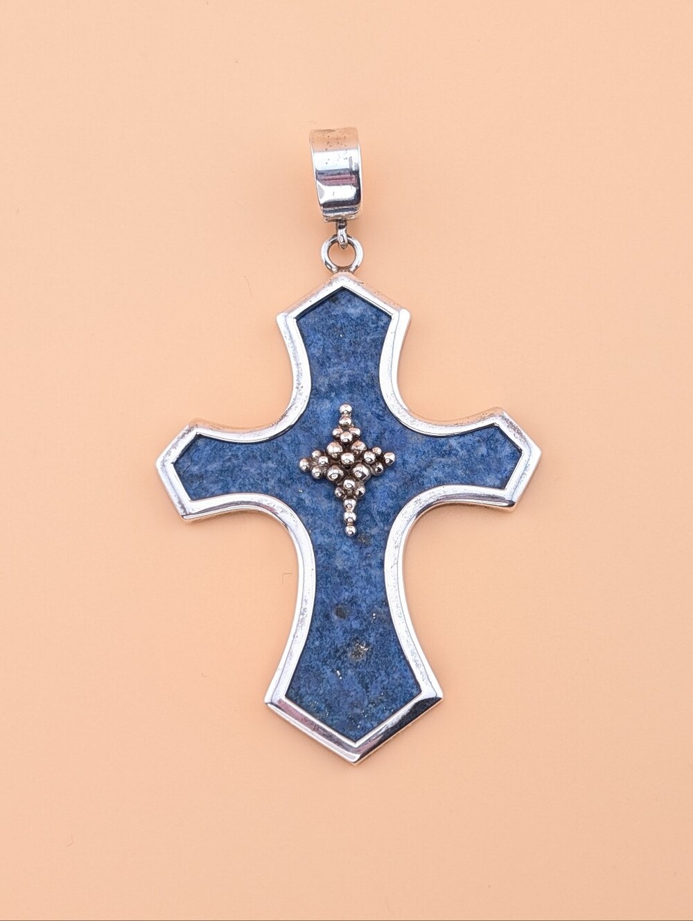 Vintage Whitney Kelly 925 Sterling Silver Lapis Lazuli Cross Enhancer Pendant